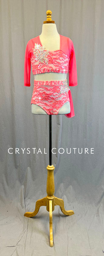 Custom Pink Floral Lace and White Lycra Top & Trunk - Swarovski Rhinestones