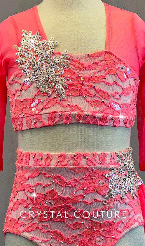 Custom Pink Floral Lace and White Lycra Top & Trunk - Swarovski Rhinestones