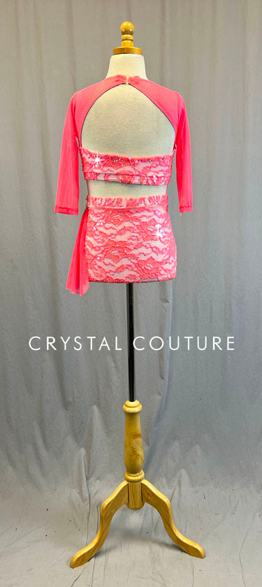 Custom Pink Floral Lace and White Lycra Top & Trunk - Swarovski Rhinestones