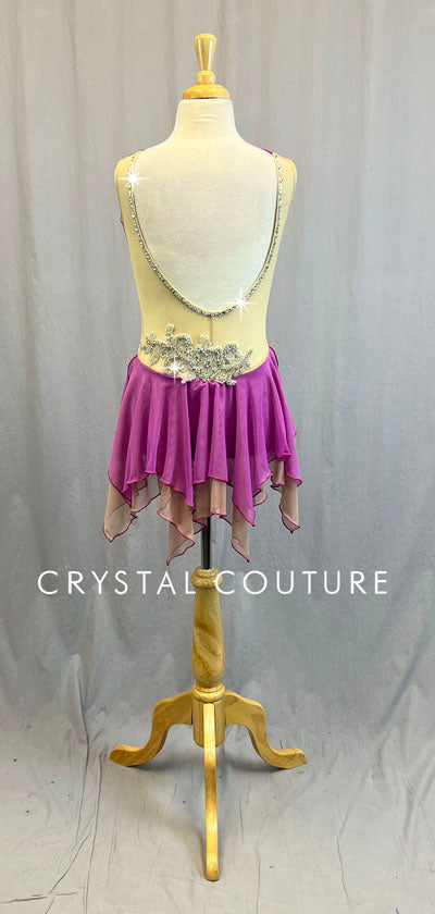 Purple Lycra and Nude Sheer Mesh Leotard with Appliques - Swarovski Rhinestones