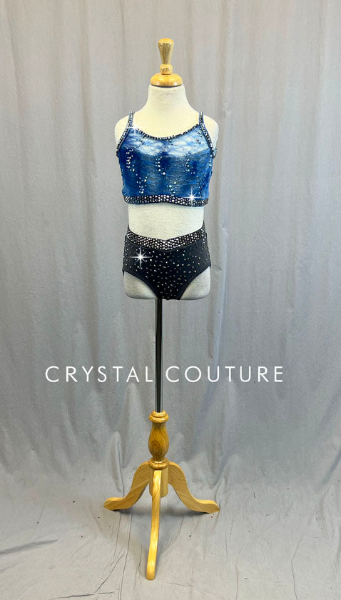 Custom Gray Lycra with Blue Floral Lace 2 Piece Crop Top and Trunks - Swarovski Rhinestones