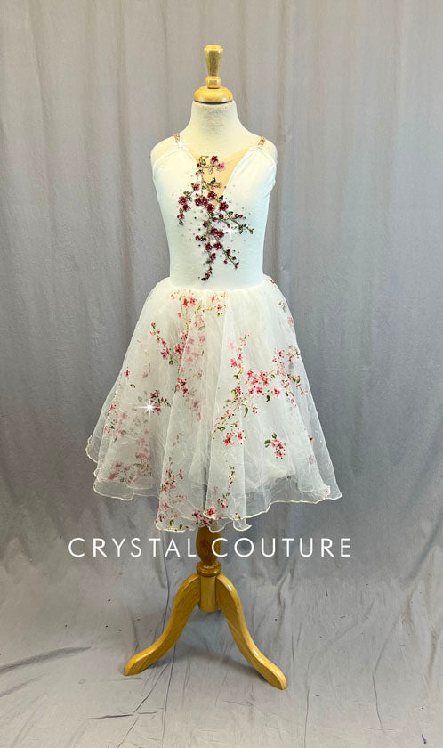 White Floral Romantic Tutu with Chiffon and Tulle Skirt - Swarovski Rhinestones