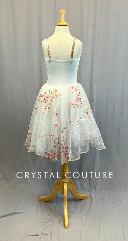 White Floral Romantic Tutu with Chiffon and Tulle Skirt - Swarovski Rhinestones