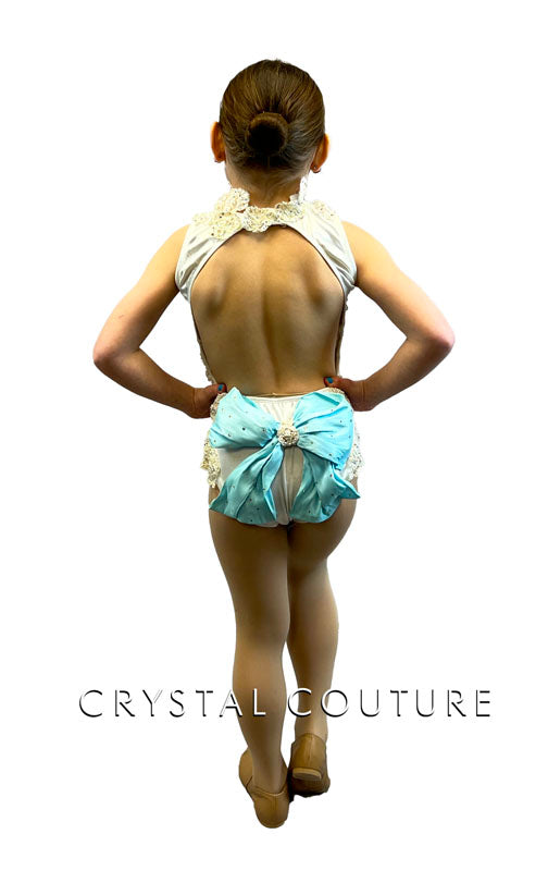 White Leotard with Ivory/White Lace Appliques and Lt Blue Bow - Swarovski Rhinestones