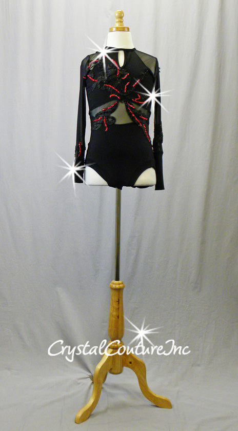 Black Leotard with Sheer Mesh Long Sleeves and Black Embroidered Appliques - Swarovski Rhinestones