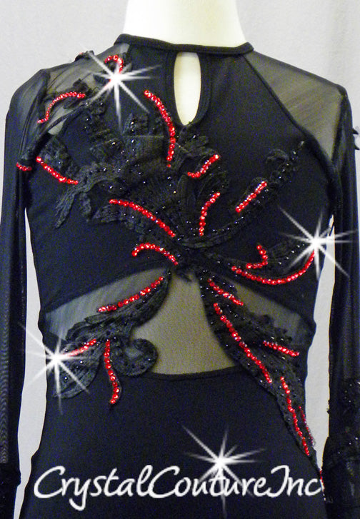 Black Leotard with Sheer Mesh Long Sleeves and Black Embroidered Appliques - Swarovski Rhinestones