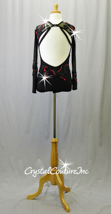 Black Leotard with Sheer Mesh Long Sleeves and Black Embroidered Appliques - Swarovski Rhinestones