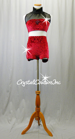 Red Velour Crop Top/Bootie Shorts with Black Puffy Shorts - Swarovski Rhinestones