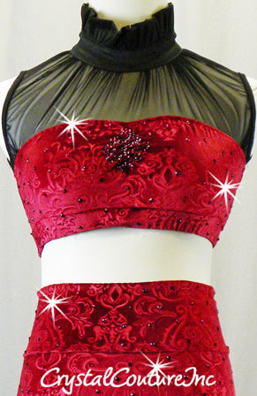 Red Velour Crop Top/Bootie Shorts with Black Puffy Shorts - Swarovski Rhinestones