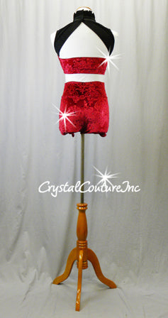 Red Velour Crop Top/Bootie Shorts with Black Puffy Shorts - Swarovski Rhinestones