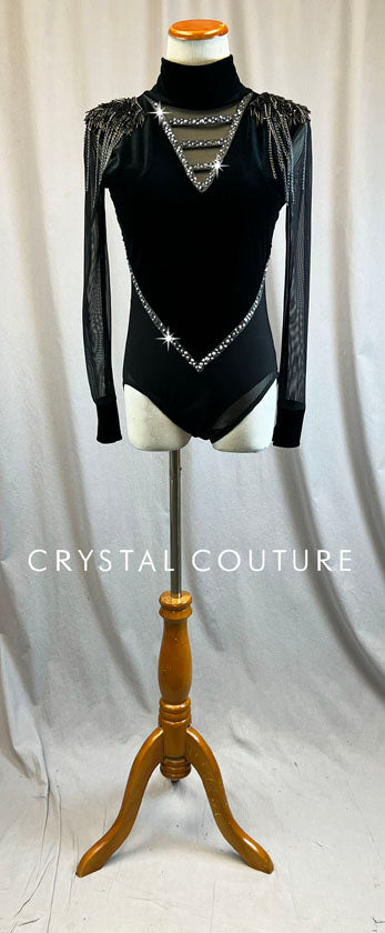 Black Mesh and Velvet Long Sleeve Unitard - Rhinestones – Crystal Couture