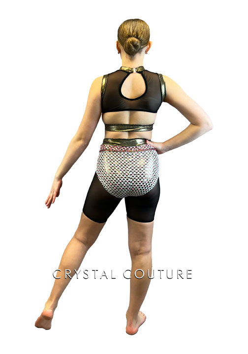 White Lattice Mesh Two Piece with Mesh Shorts - Rhinestones