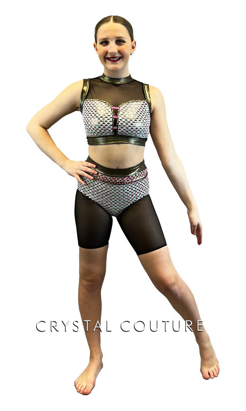 White Lattice Mesh Two Piece with Mesh Shorts - Rhinestones
