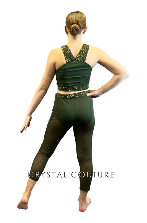 Army Green Two Piece with Mesh Crop Leggings - Rhinestones
