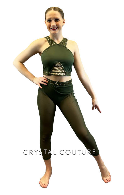 Army Green Two Piece with Mesh Crop Leggings - Rhinestones