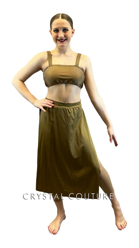 Golden Brown Two Piece with Side Slit Skirt and Rhinestones