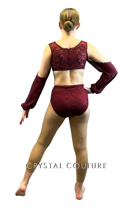 Burgundy Lace Cold Shoulder Leotard - Rhinestones