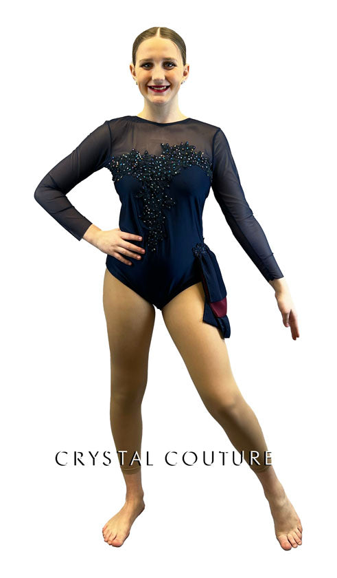 Navy Blue Leotard with Mesh Sleeves and Side Bustle - Rhinestones