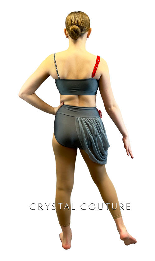 Dark Gray Lycra Two Piece with Red Accents & Side Bustle - Rhinestones