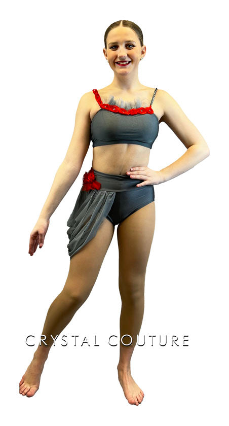 Dark Gray Lycra Two Piece with Red Accents & Side Bustle - Rhinestones