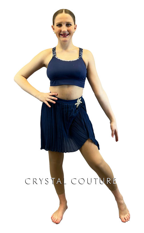 Navy Blue Top with Micro Pleated Skirt - Rhinestones