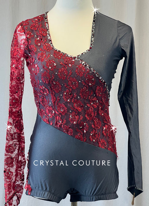 Custom Dark Grey Long Sleeve Biketard with Burgundy Lace - Rhinestones - Size AS