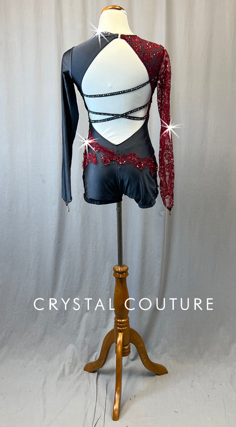 Custom Dark Grey Long Sleeve Biketard with Burgundy Lace - Rhinestones - Size AS