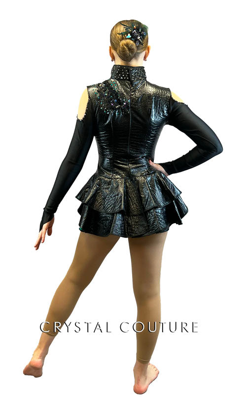 Custom Black and Green Snake Print Pleather Leotard with Back Skirt - Rhinestones