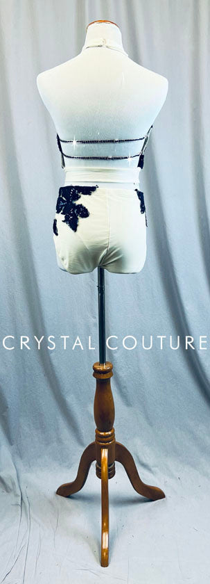 Ivory & Navy Sequined Halter Two Piece - Rhinestones