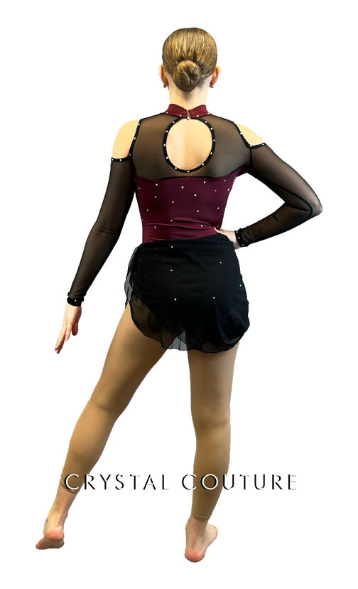 Burgundy & Black Mesh Cold Shoulder Leotard with Drape Skirt - Rhinestones