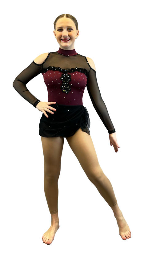 Burgundy & Black Mesh Cold Shoulder Leotard with Drape Skirt - Rhinestones