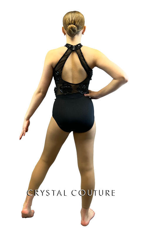 Black & Red High Neck Leotard - Appliques & Rhinestones