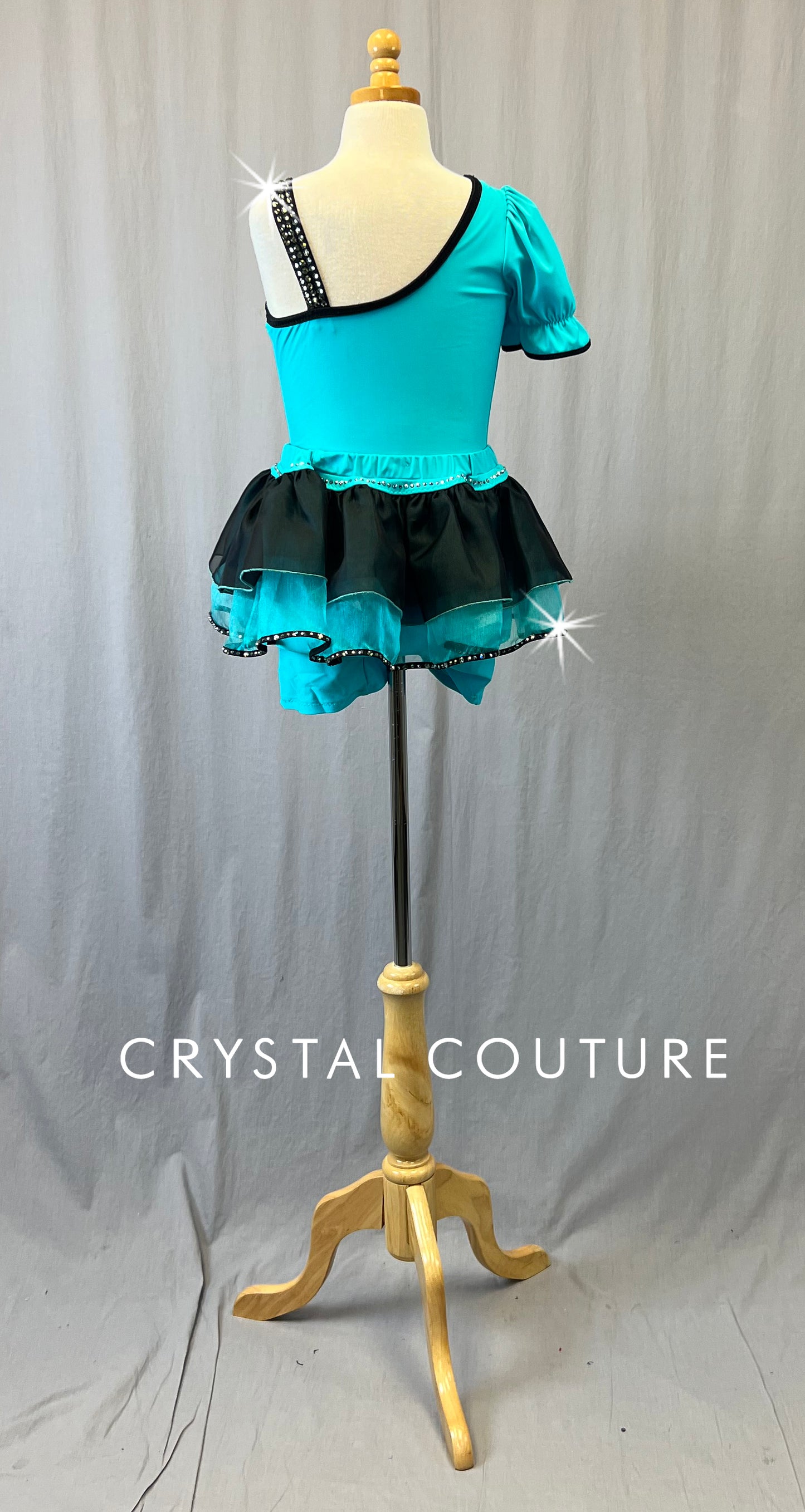 Teal Blue Asymmetrical Puff Sleeve Leotard with Layered Tulle Skirt - Rhinestones