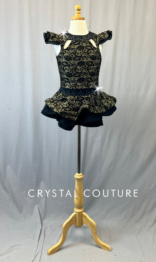 Black and Gold Lace Dress with Shoulder Sleeves - Rhinestones - Size AXS