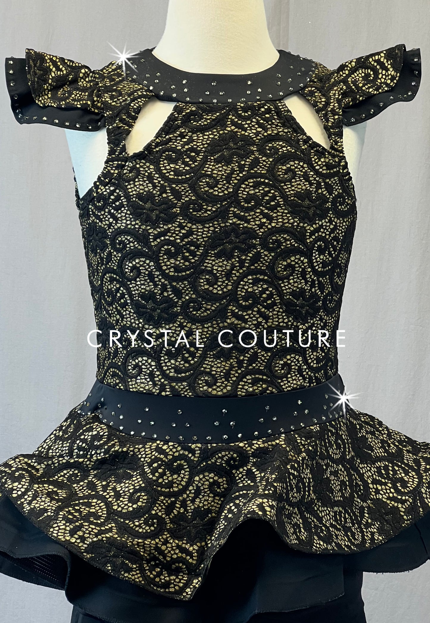 Black and Gold Lace Dress with Shoulder Sleeves - Rhinestones - Size AXS
