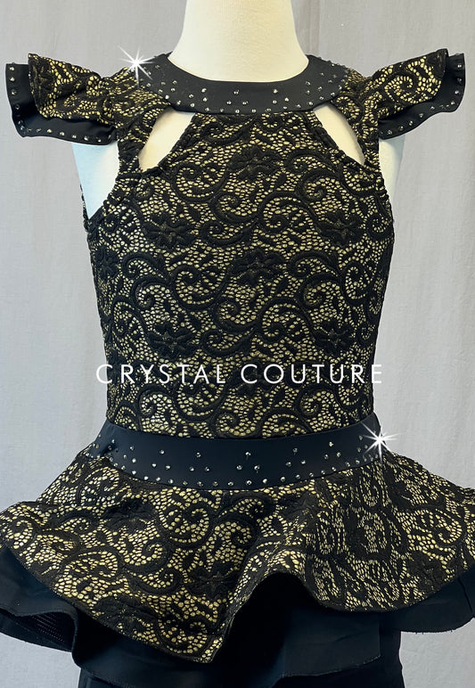 Black and Gold Lace Dress with Shoulder Sleeves - Rhinestones - Size AXS