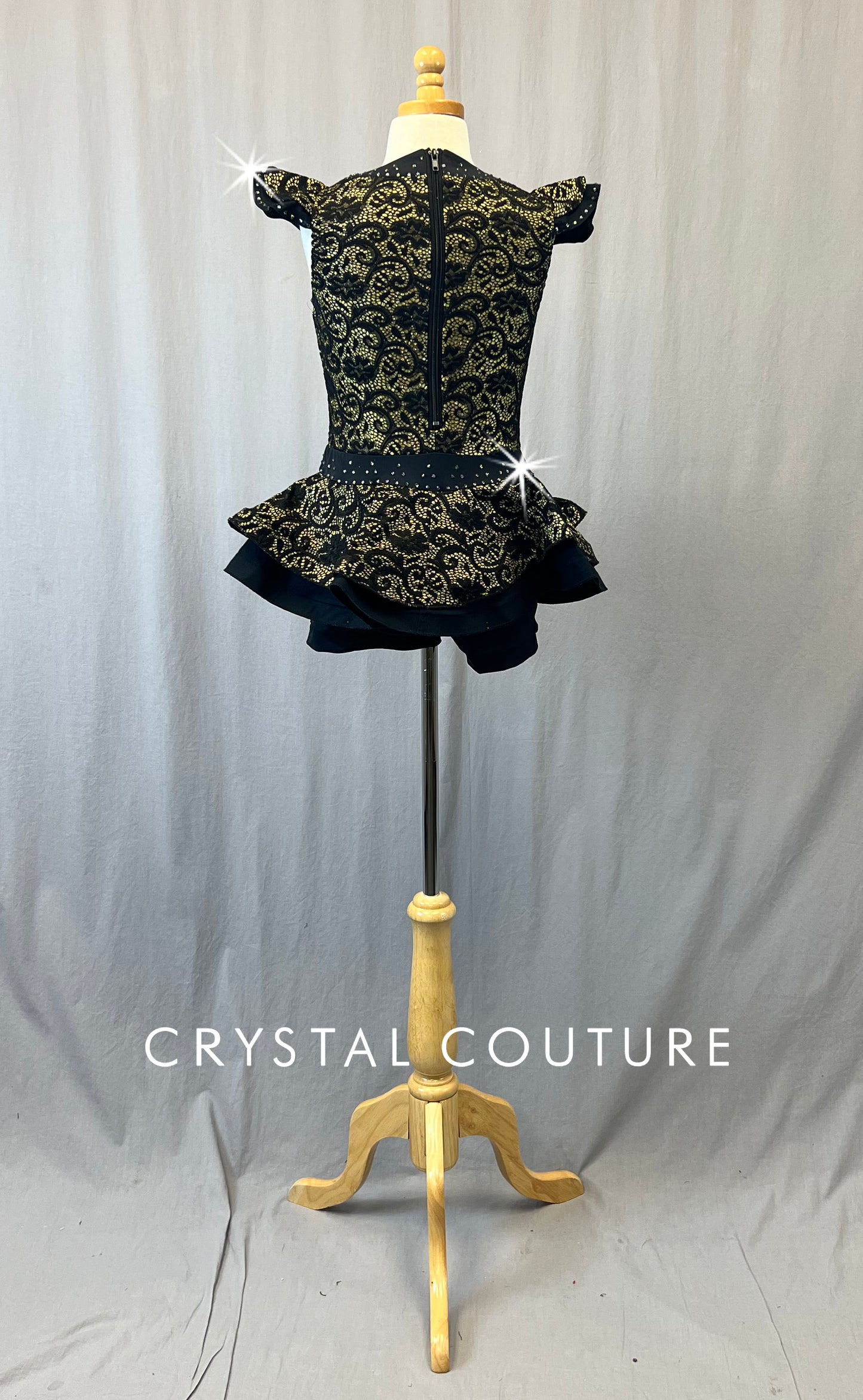 Black and Gold Lace Dress with Shoulder Sleeves - Rhinestones - Size AXS