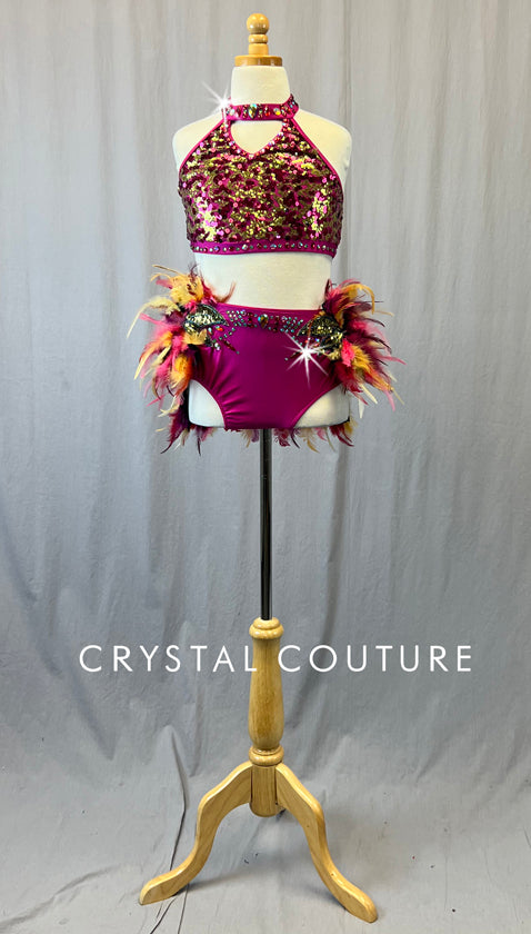 Pink Sequined Two Piece with Multi-Colored Feather Skirt - Rhinestones - Size AXS