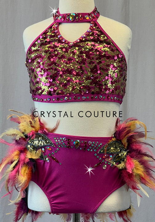 Pink Sequined Two Piece with Multi-Colored Feather Skirt - Rhinestones - Size AXS