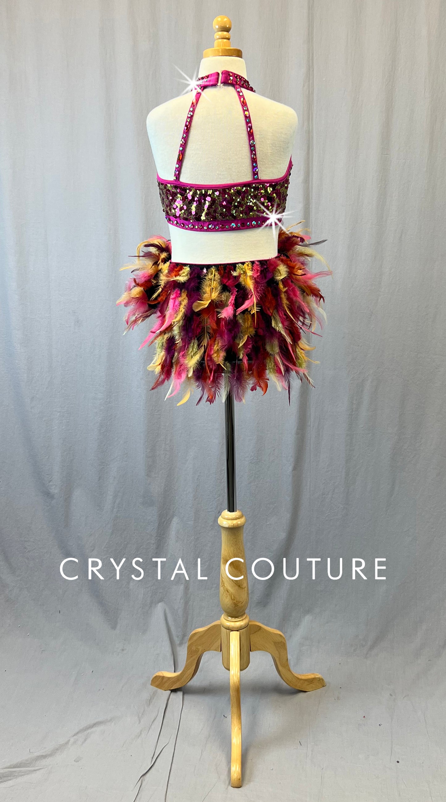 Pink Sequined Two Piece with Multi-Colored Feather Skirt - Rhinestones - Size AXS