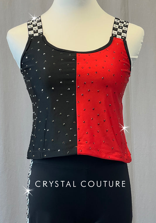 Black and Red Split Color Tank with Leggings and Checkered Trim - Rhinestones - Size AM