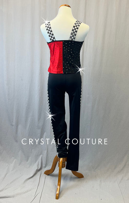 Black and Red Split Color Tank with Leggings and Checkered Trim - Rhinestones - Size AM