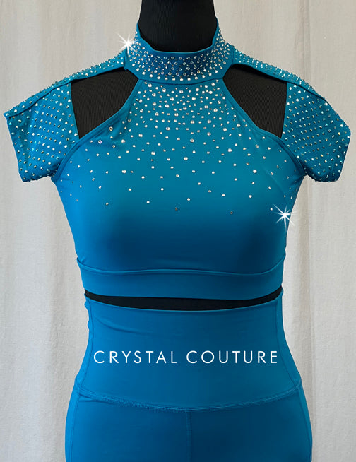 Teal Cap Sleeve Two Piece with Cutouts and Mesh Back - Rhinestones