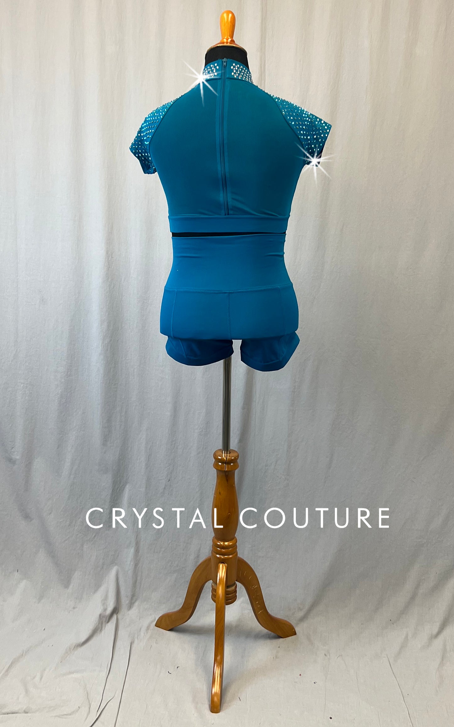 Teal Cap Sleeve Two Piece with Cutouts and Mesh Back - Rhinestones
