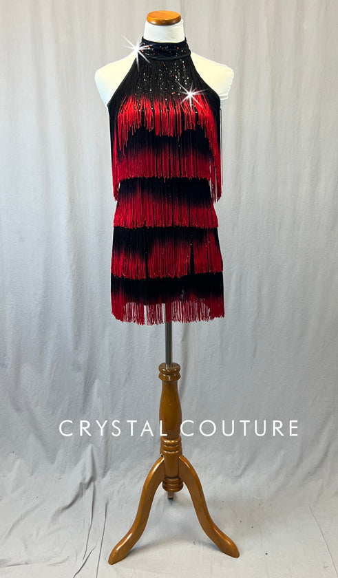 Black Sequin Dress with Red Ombre Fringe - Rhinestones - Size AS