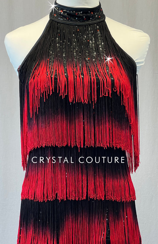 Black Sequin Dress with Red Ombre Fringe - Rhinestones - Size AS