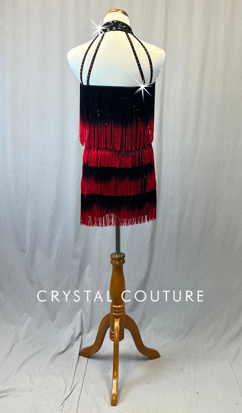 Black Sequin Dress with Red Ombre Fringe - Rhinestones - Size AS