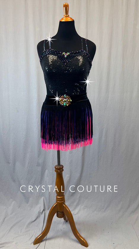 Black Sequin Leotard with Fringe Skirt and Rhinestones