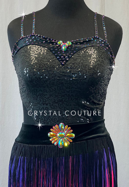 Black Sequin Leotard with Fringe Skirt and Rhinestones