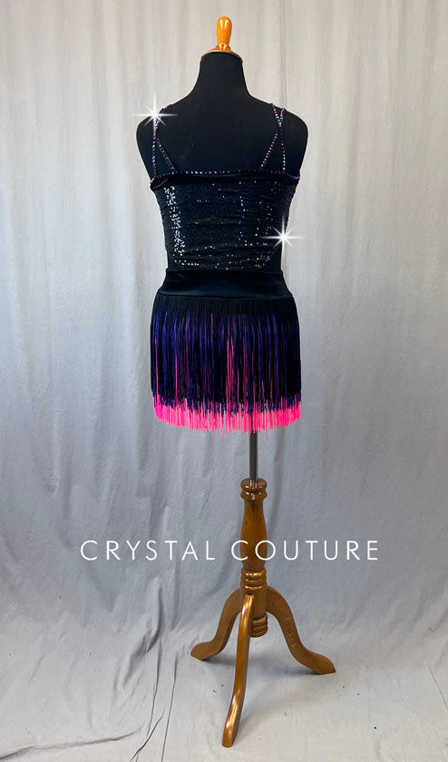 Black Sequin Leotard with Fringe Skirt and Rhinestones
